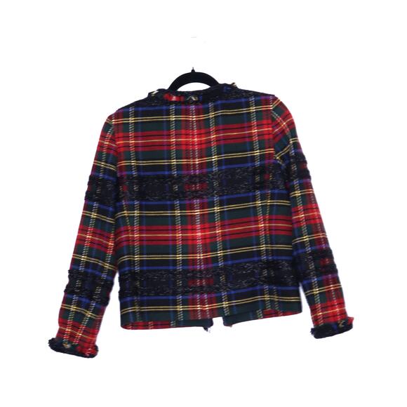 J CREW Lady Jacket Lurex Stewart Tartan Red Black Fringe Open Blazer Women's 4 - Picture 12 of 16